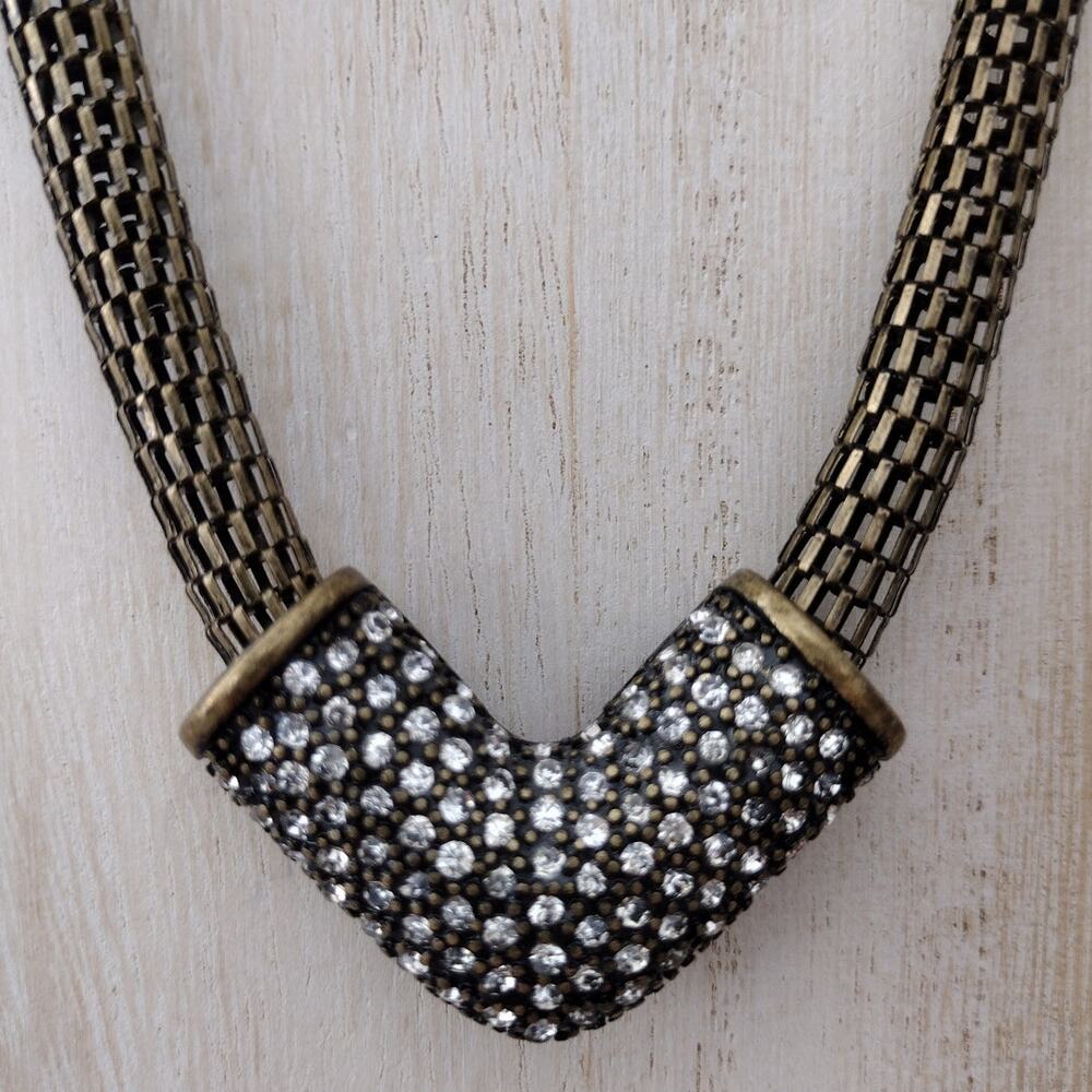 Patina Brass Mesh-Chain Statement Necklace with Rhinestone V-Point Cuff
